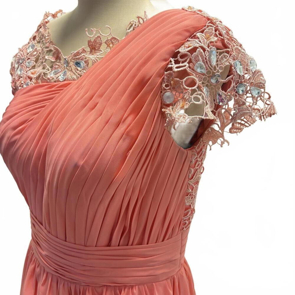 Grecian Coral Rhinestone Lace Pleated Gown Dress Short Sleeve Formal Bridesmaid - Picture 9 of 9